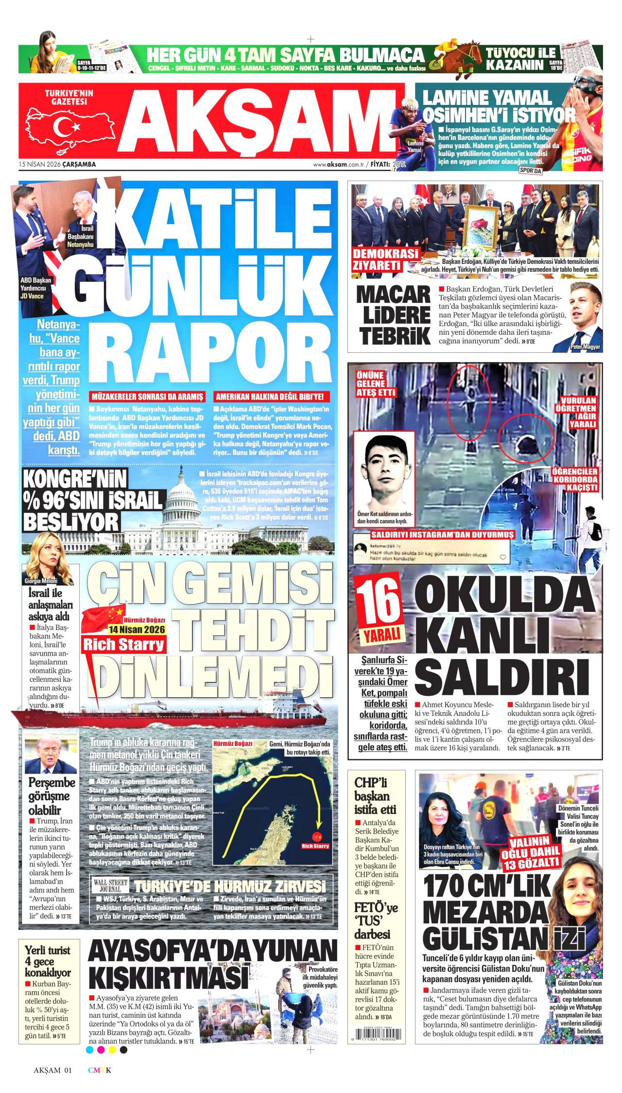 Akşam Gazetesi Gazete Manşeti